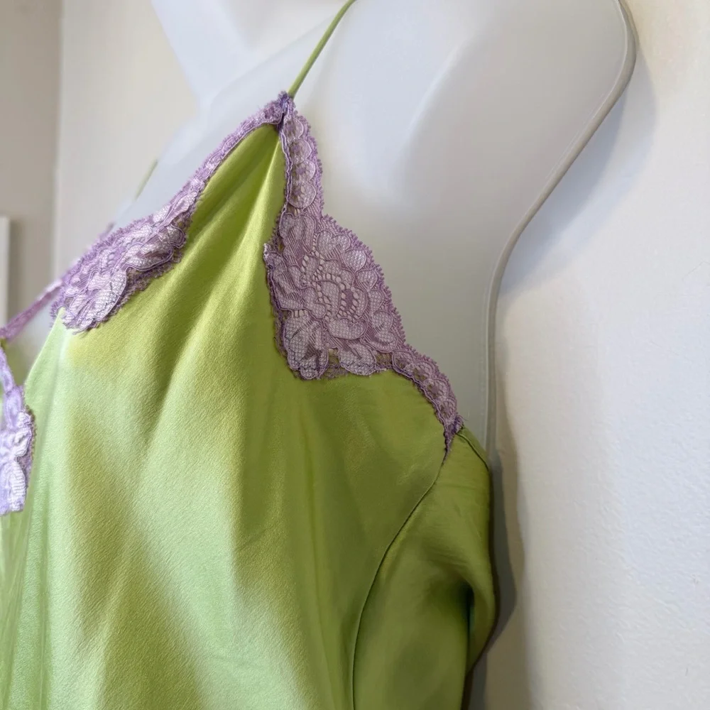 Lindsey Luxe Y2K Elegant Satin Green Lilac Lace Chemise Cami Tank Top Camisole - Picture 5 of 15